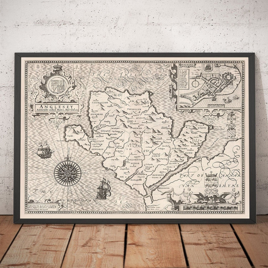 Antica mappa monocromatica di Anglesey, Galles, 1611 di John Speed - Holyhead, Llanfairpwllgwyngyll, Bangor 