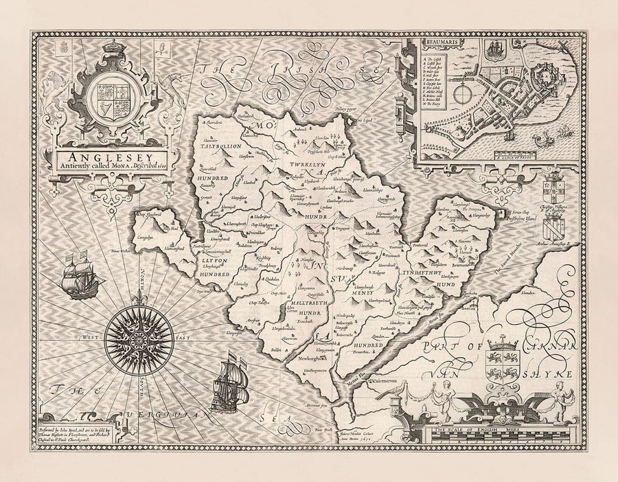Antica mappa monocromatica di Anglesey, Galles, 1611 di John Speed - Holyhead, Llanfairpwllgwyngyll, Bangor 