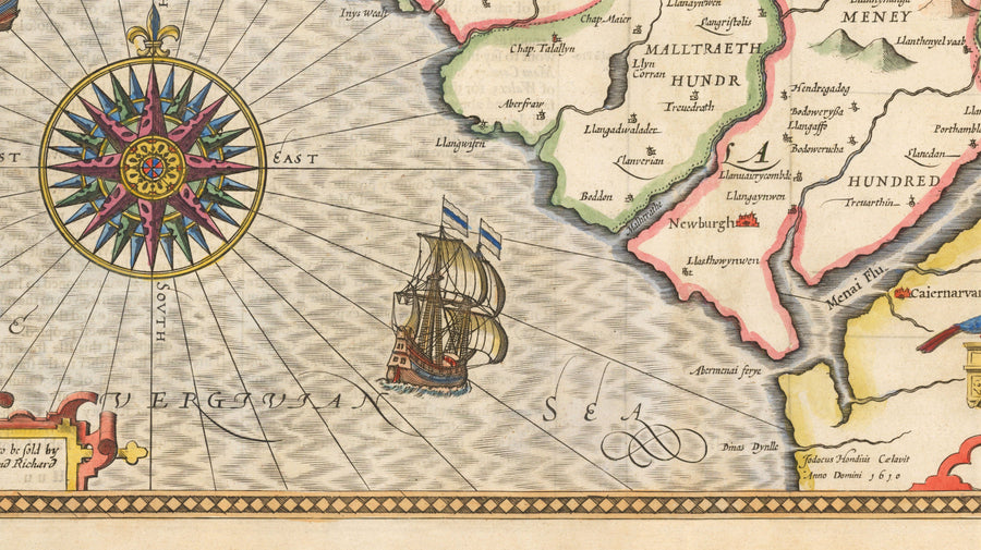 Mappa antica di Anglesey Galles, 1611 di John Speed - Holyhead, Llanfairpwllgwyngyll, Bangor 
