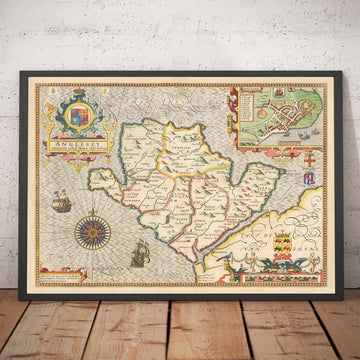 Ancienne carte de Anglesey Wales, 1611 par John Speed ​​- Holyhead, Llanfairpwllgwyngyll, Bangor