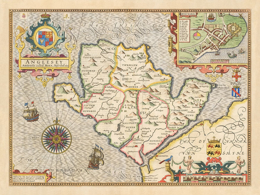 Mappa antica di Anglesey Galles, 1611 di John Speed - Holyhead, Llanfairpwllgwyngyll, Bangor 