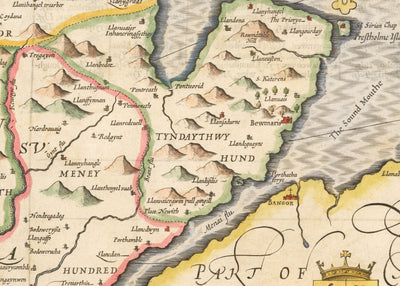 Old Map of Anglesey Wales, 1611 by John Speed - Holyhead, Llanfairpwllgwyngyll, Bangor