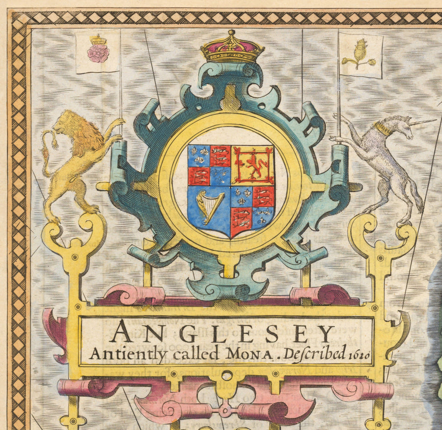 Mappa antica di Anglesey Galles, 1611 di John Speed - Holyhead, Llanfairpwllgwyngyll, Bangor 