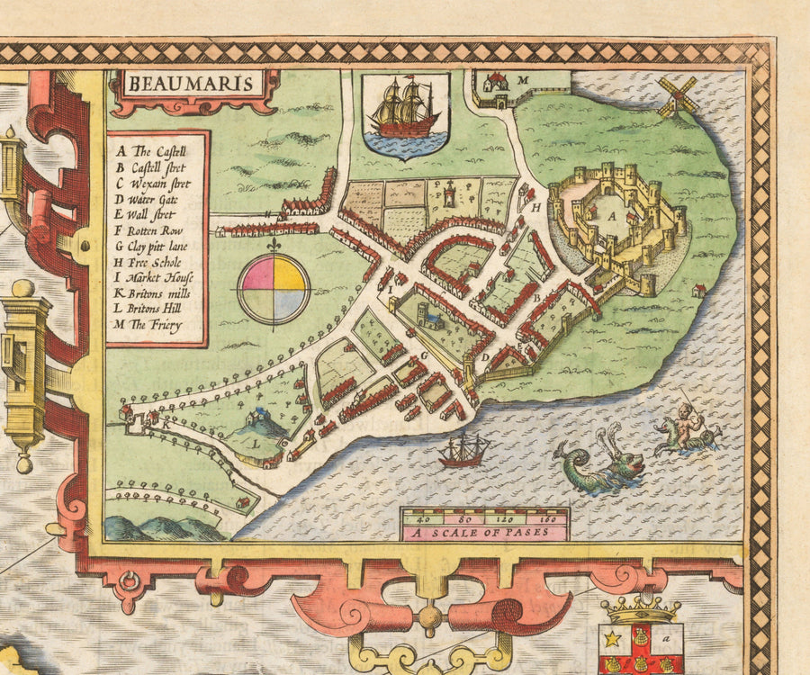 Mappa antica di Anglesey Galles, 1611 di John Speed - Holyhead, Llanfairpwllgwyngyll, Bangor 