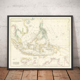 Ancienne carte de l'archipel malais et des Indes orientales par Arrowsmith, 1859 - Asie du Sud-Est, Philippines, îles, détroits, Singapour
