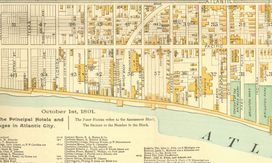 Mappa antica di Atlantic City, New Jersey, nel 1891 di AY Lee - Boardwalk, Pacific, Baltic, Atlantic, Delaware Avenue 