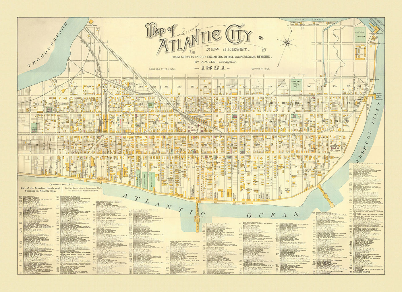 Old Map of Atlantic City, New Jersey, in 1891 by AY Lee - Boardwalk, Pacific, Baltic, Atlantic, Delaware Avenue
