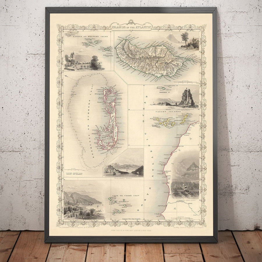 Mappa Antica delle Isole Atlantiche, 1851 di Tallis & Rapkin - Bermuda, Azzorre, Canarie, Tenerife, Madeira, Capo Verde 