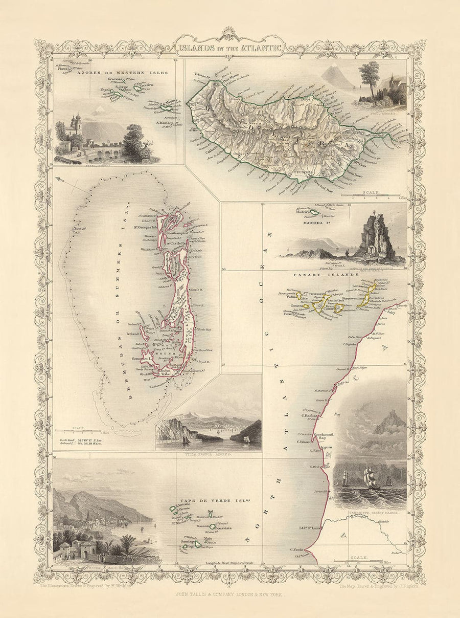 Mappa Antica delle Isole Atlantiche, 1851 di Tallis & Rapkin - Bermuda, Azzorre, Canarie, Tenerife, Madeira, Capo Verde 