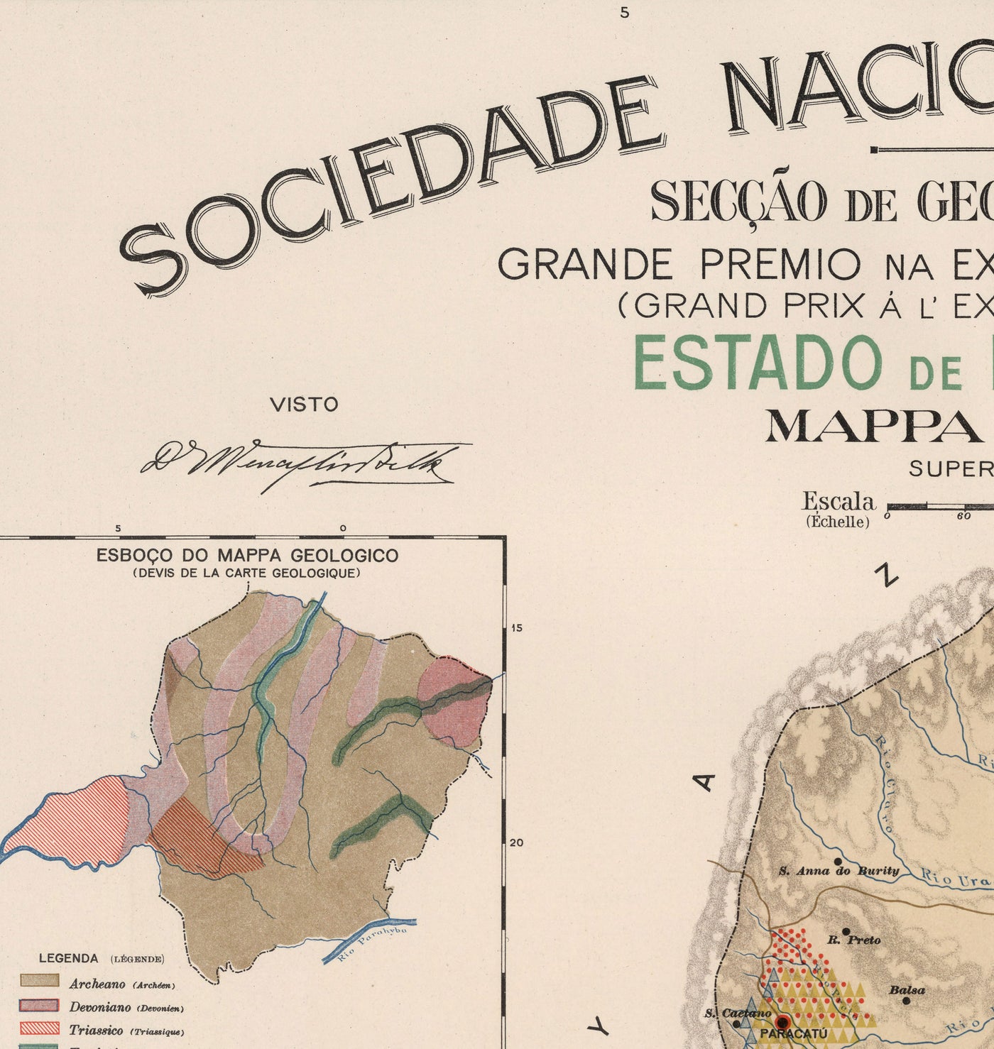 Mapa antiguo de Minas Gerais, Brasil en 1908 - Agricultura, Geología, Rocas, Suelo - Belo Horizonte, Uberlandia, Uberaba, Juiz de Fora, Curvelo