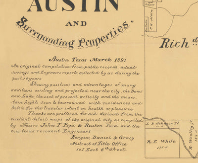 Rare Old Map of Austin, Texas in 1891 - Very Early City Plan, State Capitol, Railroad, UT Austin, Austin Dam