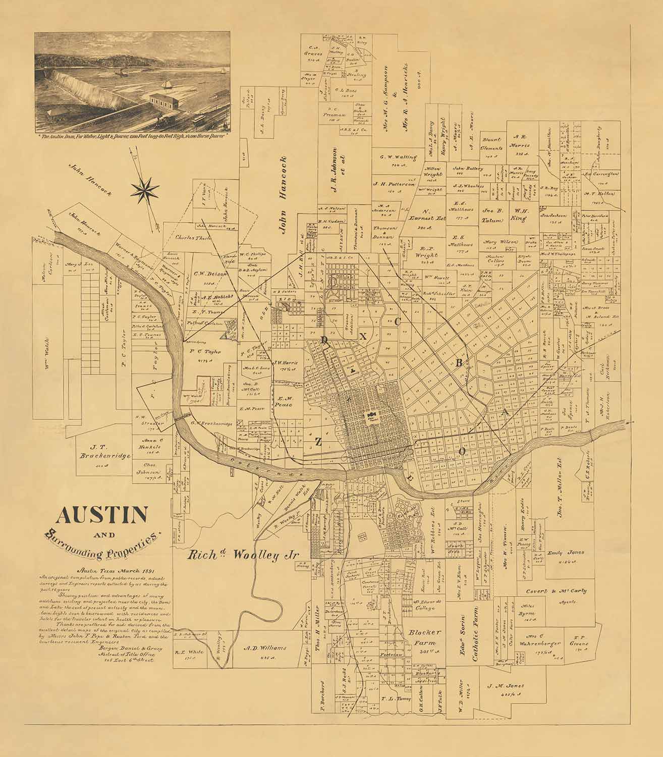 Rare Old Map of Austin, Texas in 1891 - Very Early City Plan, State Capitol, Railroad, UT Austin, Austin Dam