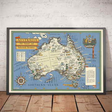 Alte Karte von Australien, 1942 von Max Gill - Weltkrieg 2 Karte der natürlichen und industriellen Ressourcen 