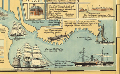 Old Historical Map of Baltimore in 1954 by Edward Tunis - Downtown, Johnstown, Little Italy, Otterbein, Port of Baltimore