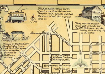 Old Historical Map of Baltimore in 1954 by Edward Tunis - Downtown, Johnstown, Little Italy, Otterbein, Port of Baltimore