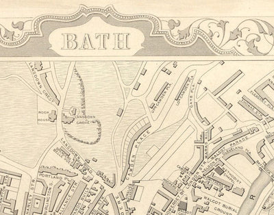 Old Map of Bath by John Rapkin, 1851 - Circus, Royal Crescent, Abbey, Roman Baths