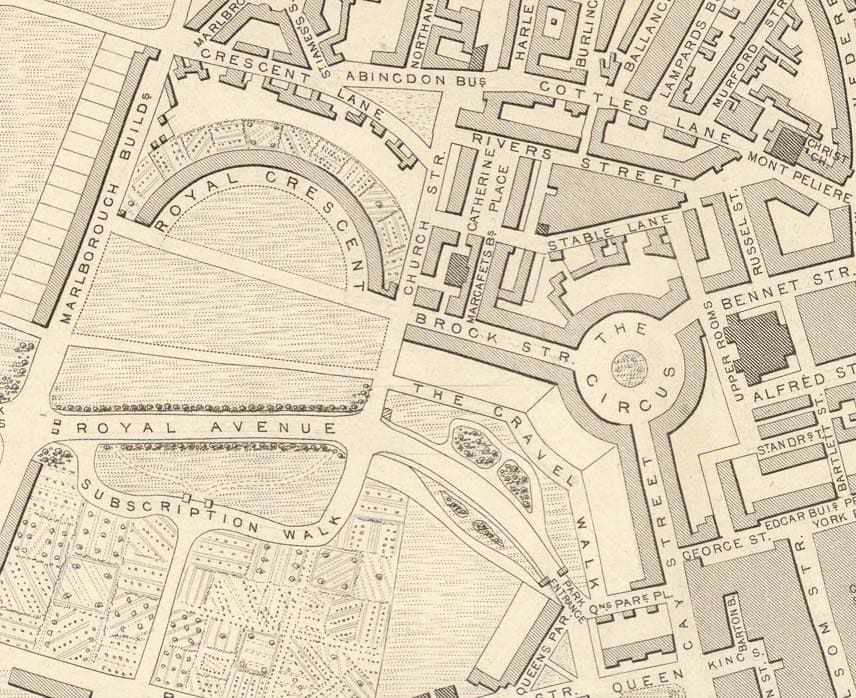 Mappa antica di Bath di John Rapkin, 1851 - Circus, Royal Crescent, Abbey, Terme romane 