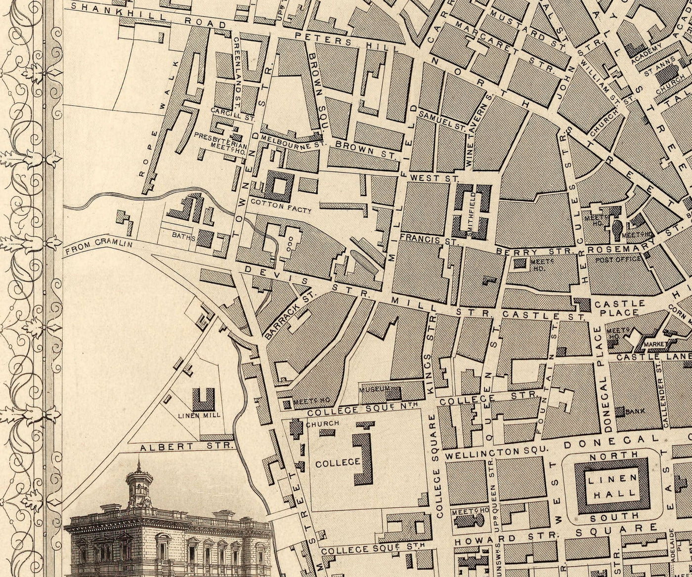 Old Map of Belfast, Ireland in 1851 by Tallis & Rapkin - Queens College, Ulster Railway Station, Ballast Office,