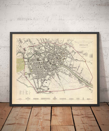 Old Map of Berlin in 1833 by SDUK - Germany, Tiergarten, Alexanderplatz, Berlin Wall, Brandenburg Gate