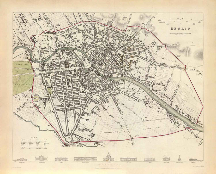 Mappa antica di Berlino nel 1833 di SDUK - Germania, Tiergarten, Alexanderplatz, Muro di Berlino, Porta di Brandeburgo 