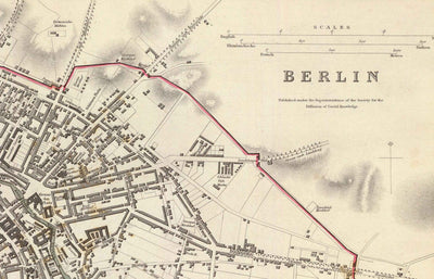 Mapa antiguo de Berlín en 1833 por SDUK - Alemania, Tiergarten, Alexanderplatz, Muro de Berlín, Puerta de Brandemburgo