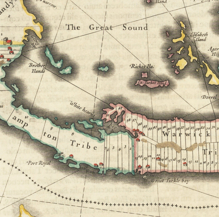 Antica mappa delle Bermuda, 1640 di Willem Blaeu - Tribù e parrocchie delle Somers Isles 