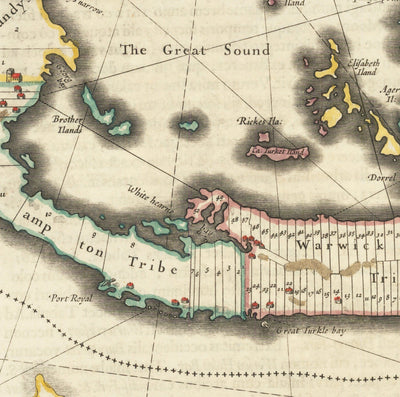 Old Map of Bermuda, 1640 by Willem Blaeu - Somers Isles Tribes & Parishes