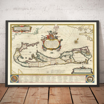 Mapa antiguo de las Bermudas, 1640 por Willem Blaeu - Tribus y Parroquias de las Islas Somers