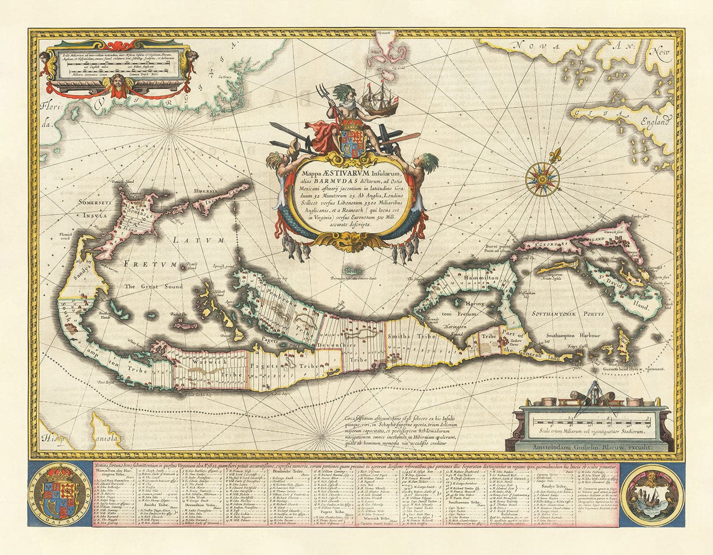 Old Map of Bermuda, 1640 by Willem Blaeu - Somers Isles Tribes & Parishes