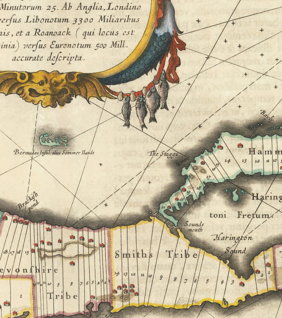 Antica mappa delle Bermuda, 1640 di Willem Blaeu - Tribù e parrocchie delle Somers Isles 