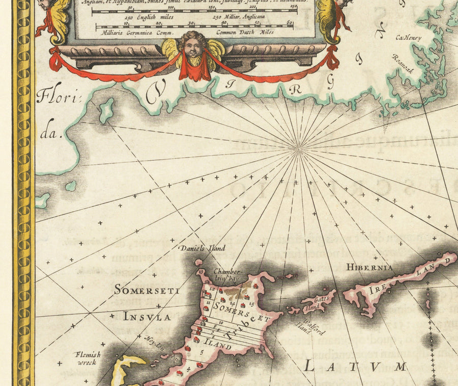 Antica mappa delle Bermuda, 1640 di Willem Blaeu - Tribù e parrocchie delle Somers Isles 