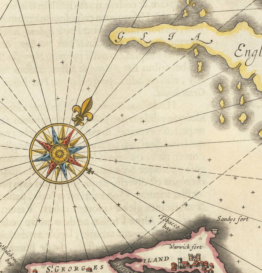 Antica mappa delle Bermuda, 1640 di Willem Blaeu - Tribù e parrocchie delle Somers Isles 