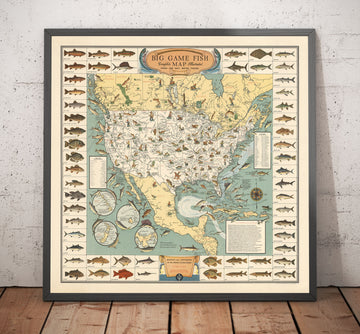 Antiguo mapa pictórico de la caza mayor en EE.UU., 1936 - Alaska, Florida, Michigan, Minnesota, Luisiana