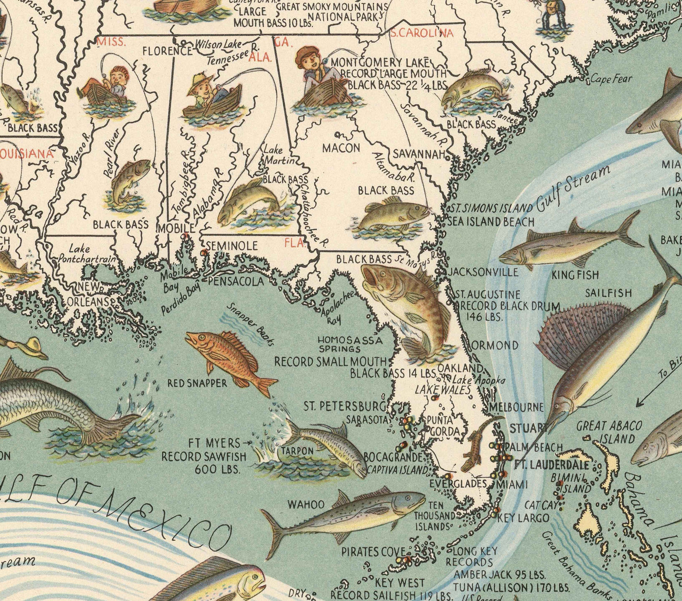 Old Pictorial Big Game Fish Map of the USA, 1936 - Alaska, Florida, Michigan, Minnesota, Louisiana