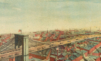 Old Bird's Eye View of Brooklyn Bridge in 1883 - Great Suspension Bridge, New York City, East River, Brooklyn Tower