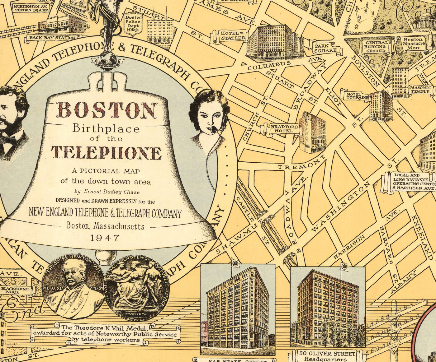 Old Pictorial Map of Boston, 1947 Ernest Dudley Chase - Birth of the Telephone, Graham Bell, Beacon Hill, Downtown