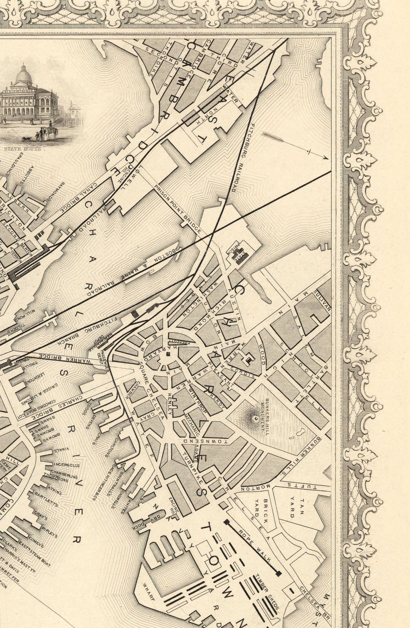 Old Map of Boston, Massachusetts in 1851 by Tallis & Rapkin