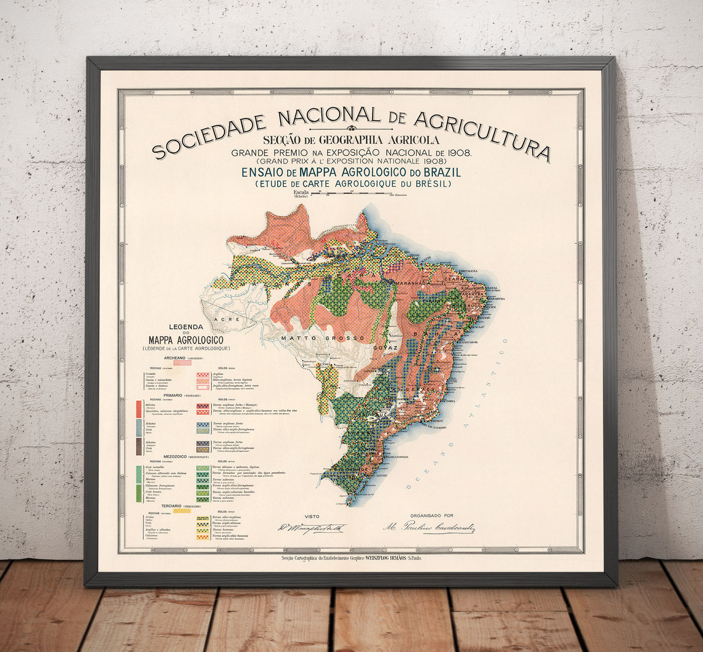 Old Map of Brazil Agrology, 1908 - Agriculture, Geology, Rocks, Soil - Rio, Porto Alegre, Amazon