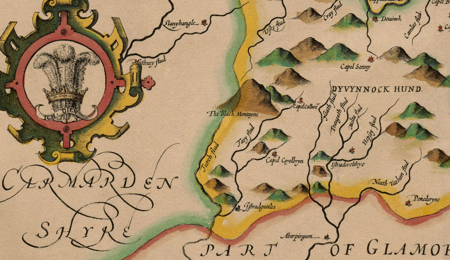 Mappa antica di Brecon Galles, 1611 di John Speed - Beacons, Crickhowell, Powys, Trecastle 