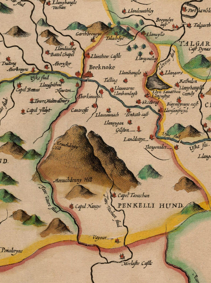 Mappa antica di Brecon Galles, 1611 di John Speed - Beacons, Crickhowell, Powys, Trecastle 