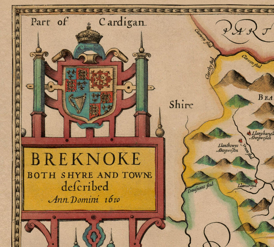 Mappa antica di Brecon Galles, 1611 di John Speed - Beacons, Crickhowell, Powys, Trecastle 