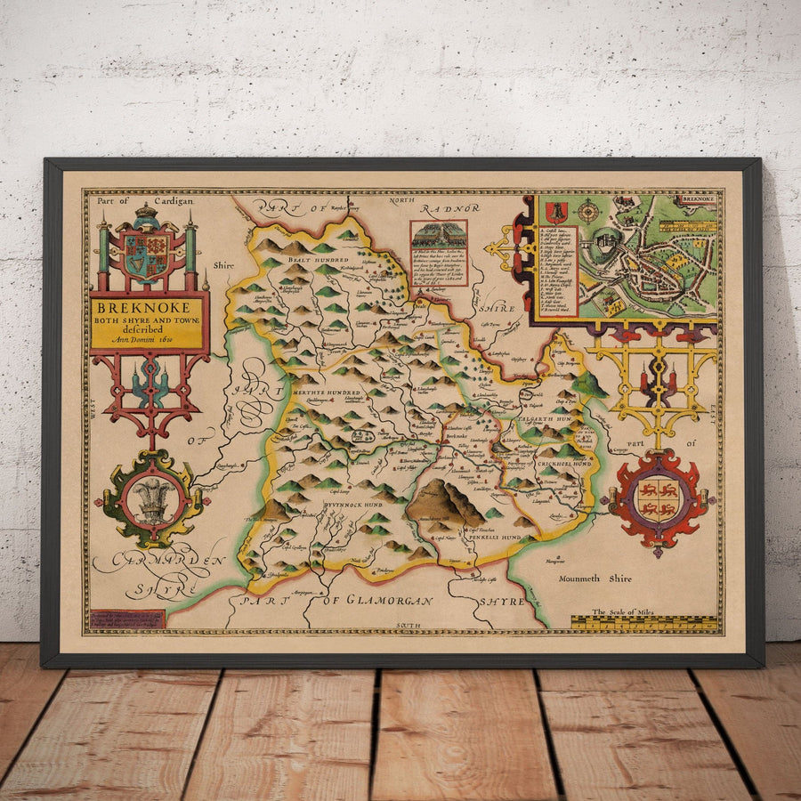 Mappa antica di Brecon Galles, 1611 di John Speed - Beacons, Crickhowell, Powys, Trecastle 