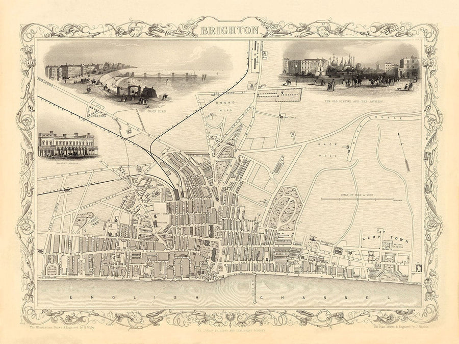 Mappa antica di Brighton nel 1851 di J. & F. Tallis - Lanes, Pier, Parade, Old Steine, Kemptown, East Sussex 