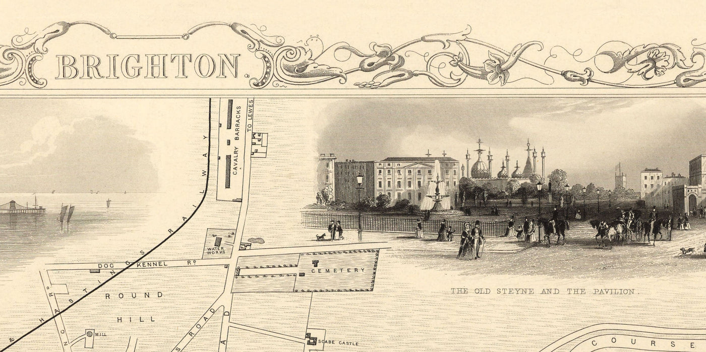 Old Map of Brighton in 1851 by J. & F. Tallis - Lanes, Pier, Parade, Old Steine, Kemptown, East Sussex