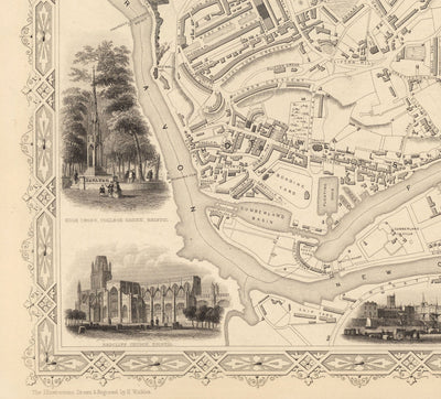 Old Map of Bristol in 1851 by Tallis & Rapkin - Clifton, Temple Meads, Castle, Redcliffe
