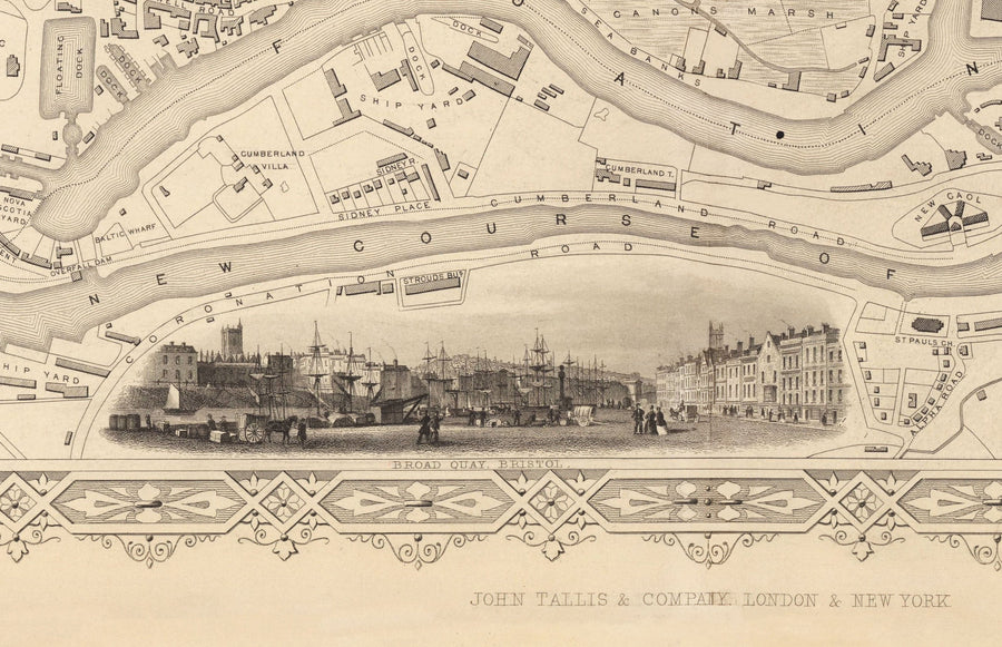 Mappa antica di Bristol nel 1851 di Tallis & Rapkin - Clifton, Temple Meads, Castle, Redcliffe 