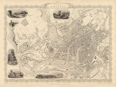 Old Map of Bristol in 1851 by Tallis & Rapkin - Clifton, Temple Meads, Castle, Redcliffe