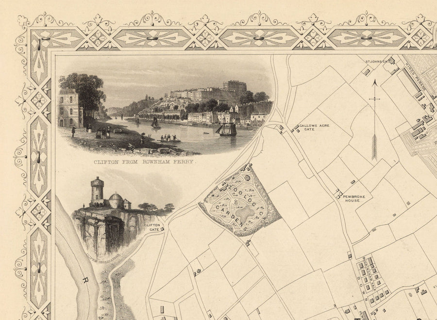 Mappa antica di Bristol nel 1851 di Tallis & Rapkin - Clifton, Temple Meads, Castle, Redcliffe 