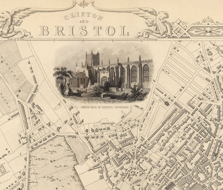 Mappa antica di Bristol nel 1851 di Tallis & Rapkin - Clifton, Temple Meads, Castle, Redcliffe 