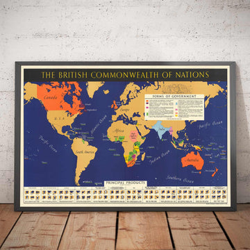 Alte Weltkarte des Britischen Commonwealth of Nations, 1942 - Britisches Empire, UK, Kanada, Australien, Dominions, Indien, Afrika 